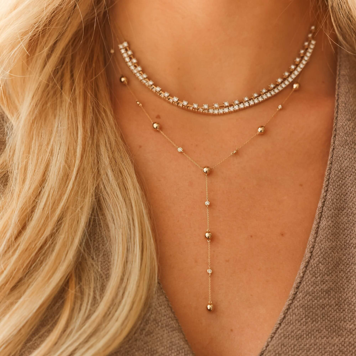 Rose Gold-2^Designer Diamond Necklaces: Poppy Rae Pebble Lariat Necklace in Rose Gold