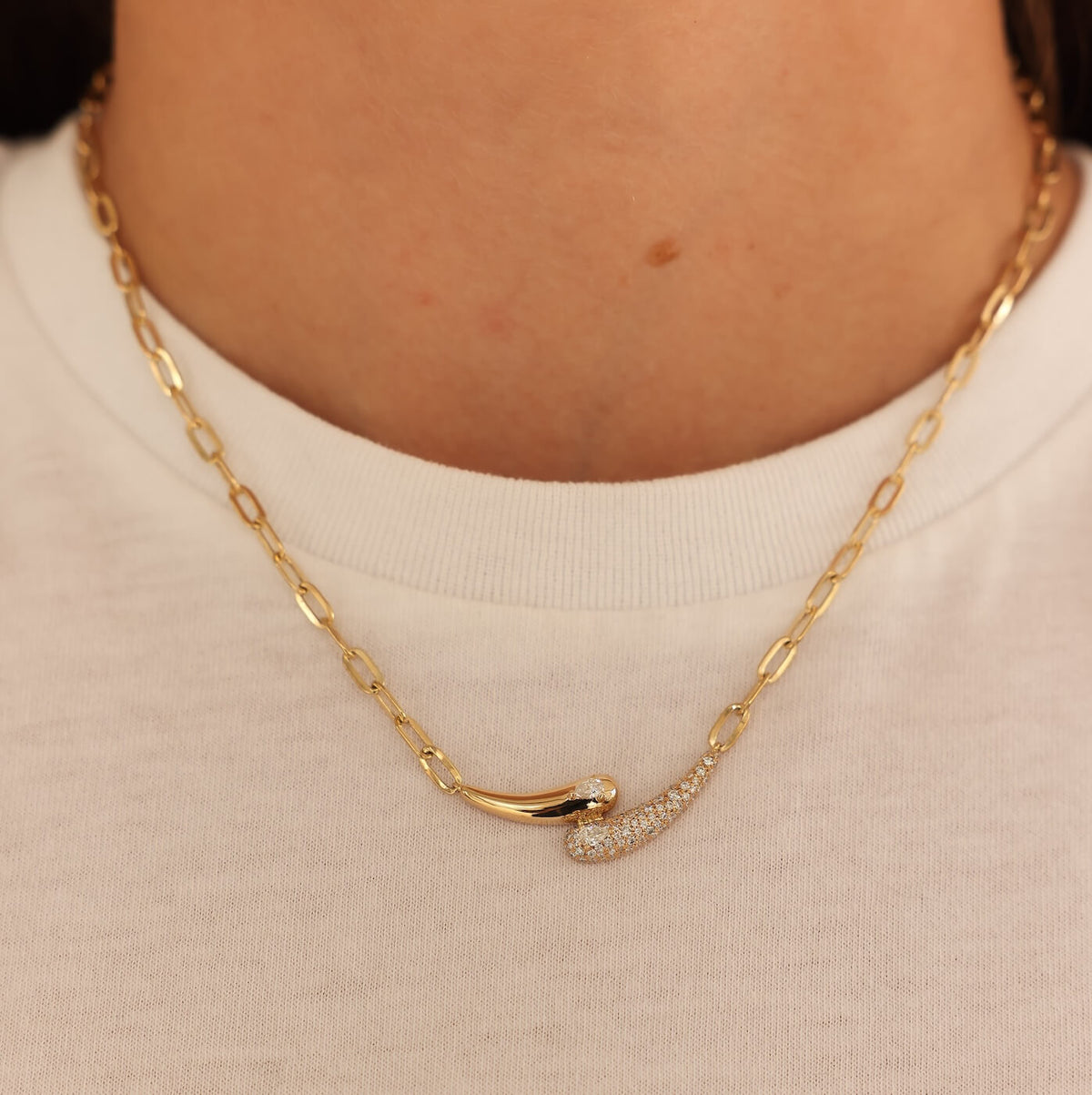 Yellow Gold-2^Diamond Bar Necklaces: Taylor Elaine Paperclip Bypass Necklace in Yellow Gold