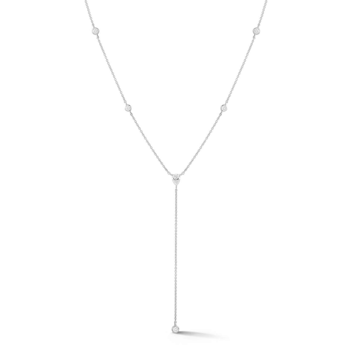 White Gold-1^Designer Diamond Necklaces: Taylor Elaine Bezel and Pear Diamond Lariat Necklace in White Gold