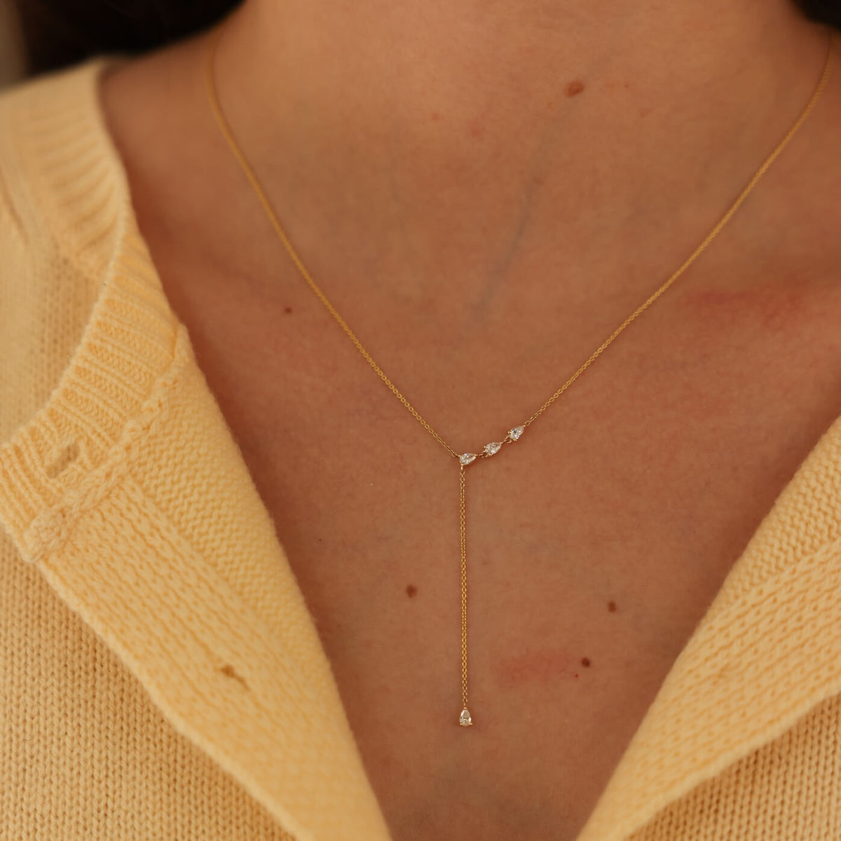 Yellow Gold-2^Designer Diamond Necklaces: Taylor Elaine Trio Pear Lariat Necklace in Yellow Gold