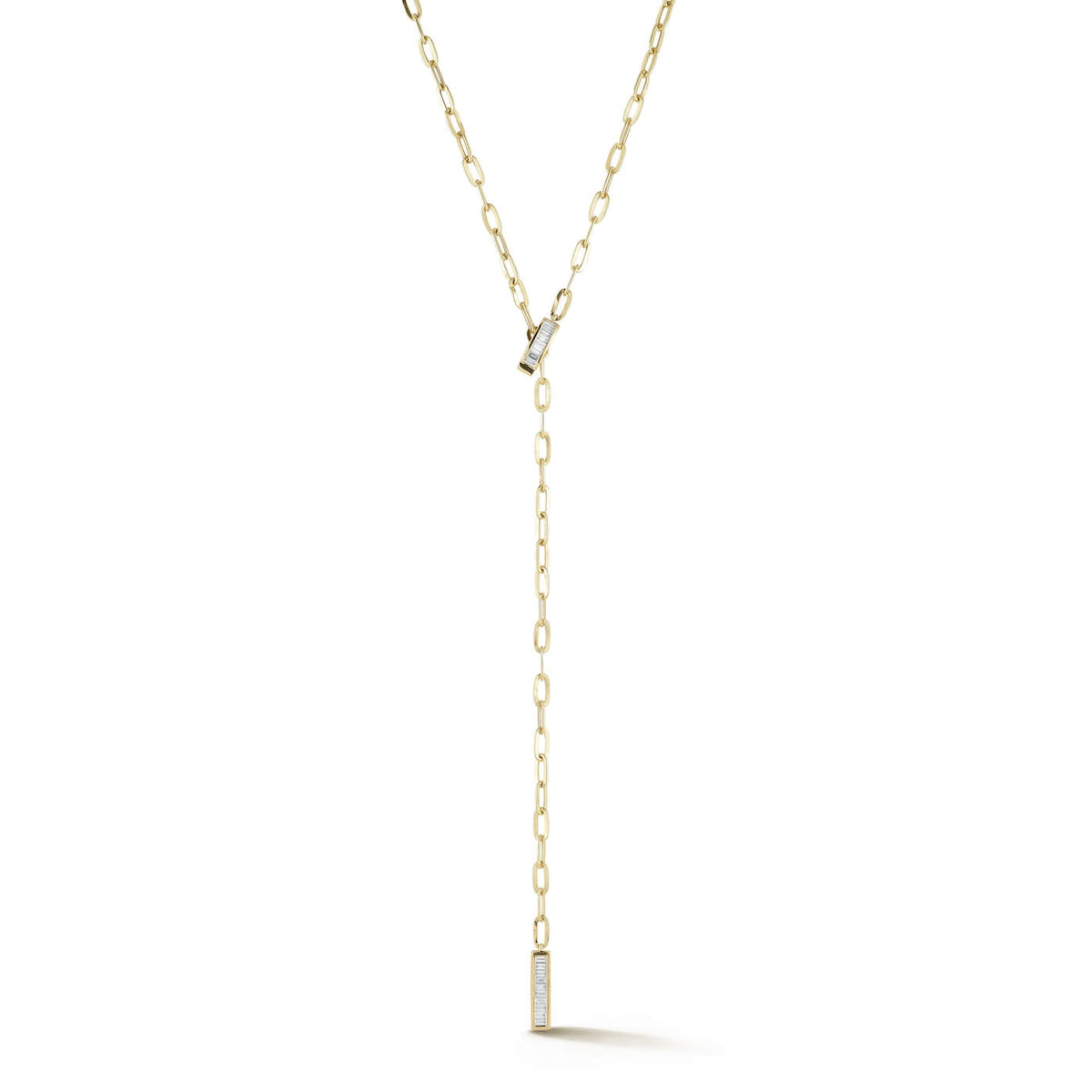 Yellow Gold-1^Designer Diamond Necklaces: Sadie Pearl Baguette Paperclip Lariat Necklace in Yellow Gold