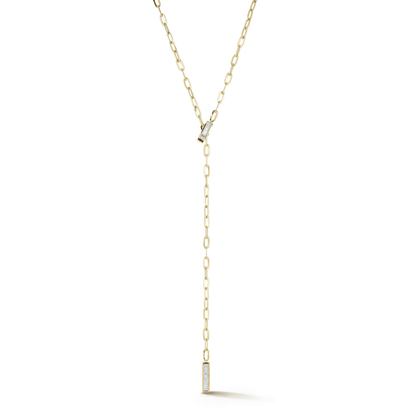 Yellow Gold-1^Designer Diamond Necklaces: Sadie Pearl Baguette Paperclip Lariat Necklace in Yellow Gold