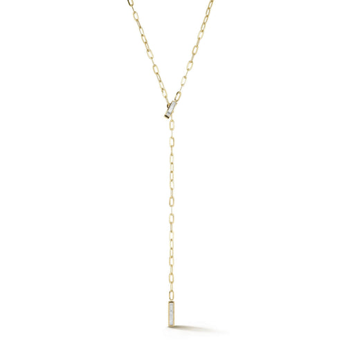 Yellow Gold-1^Designer Diamond Necklaces: Sadie Pearl Baguette Paperclip Lariat Necklace in Yellow Gold