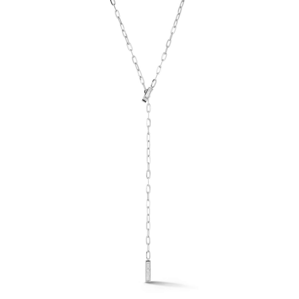 White Gold-1^Designer Diamond Necklaces: Sadie Pearl Baguette Paperclip Lariat Necklace in White Gold
