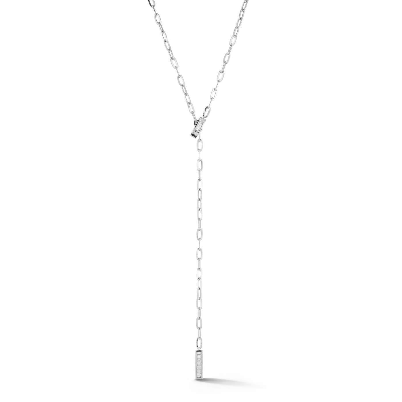 White Gold-1^Designer Diamond Necklaces: Sadie Pearl Baguette Paperclip Lariat Necklace in White Gold