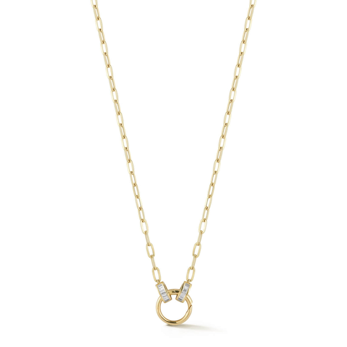 Yellow Gold-1^Diamond Pendant Necklaces: Sadie Pearl Baguette Paperclip Carabiner Necklace in Yellow Gold