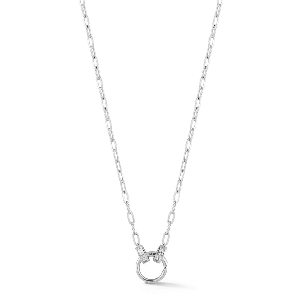 White Gold-1^Diamond Pendant Necklaces: Sadie Pearl Baguette Paperclip Carabiner Necklace in White Gold