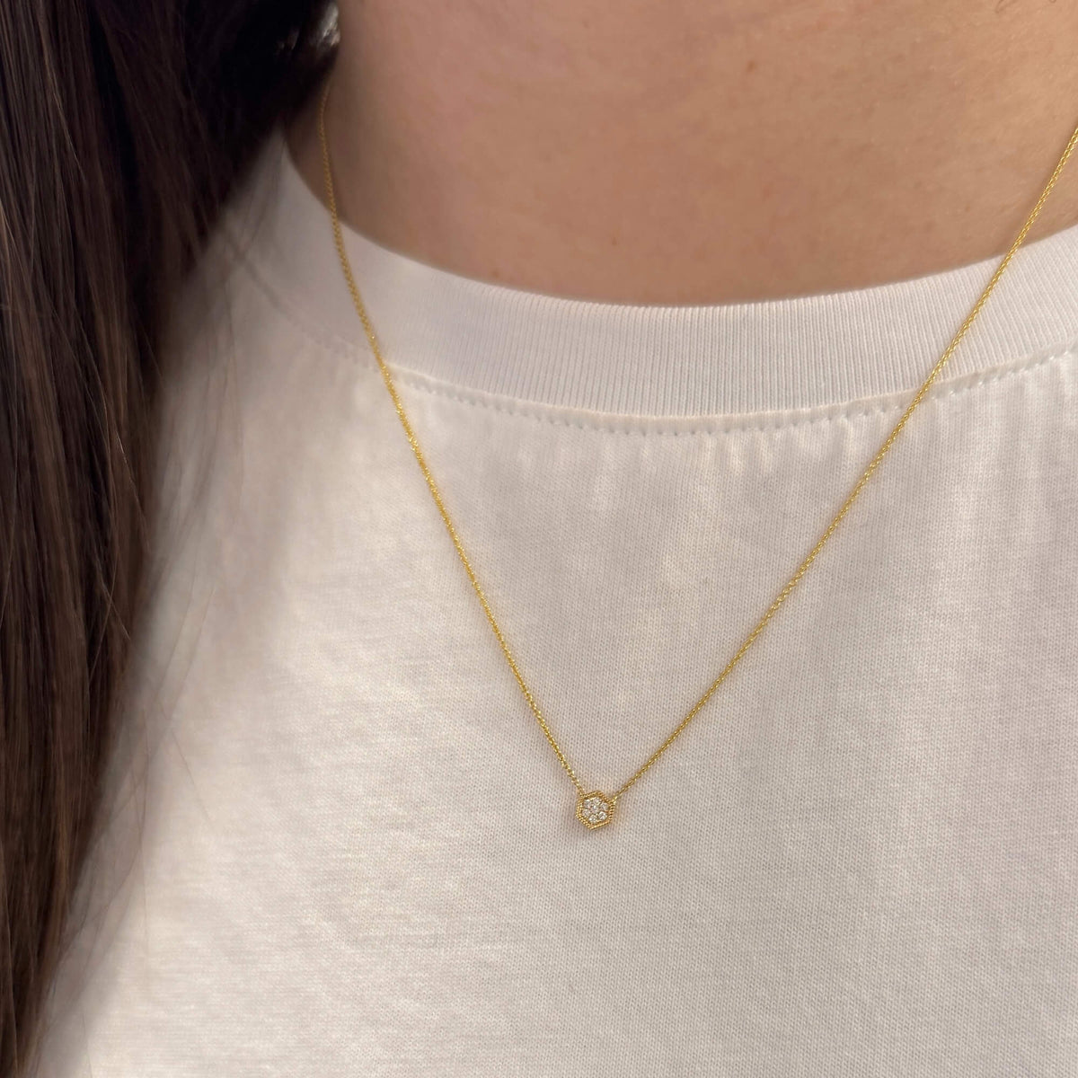 Whiite Gold-2^Diamond Pendant Necklaces: Jennifer Yamina Mini Hexagon Necklace in White Gold