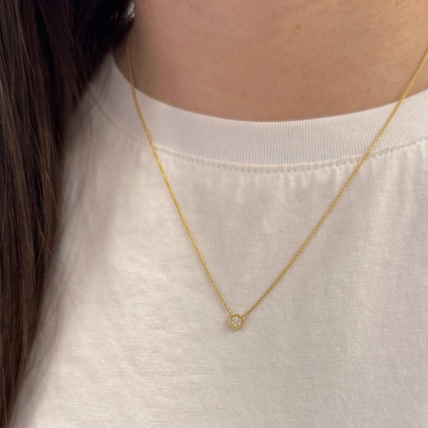 Whiite Gold-2^Diamond Pendant Necklaces: Jennifer Yamina Mini Hexagon Necklace in White Gold
