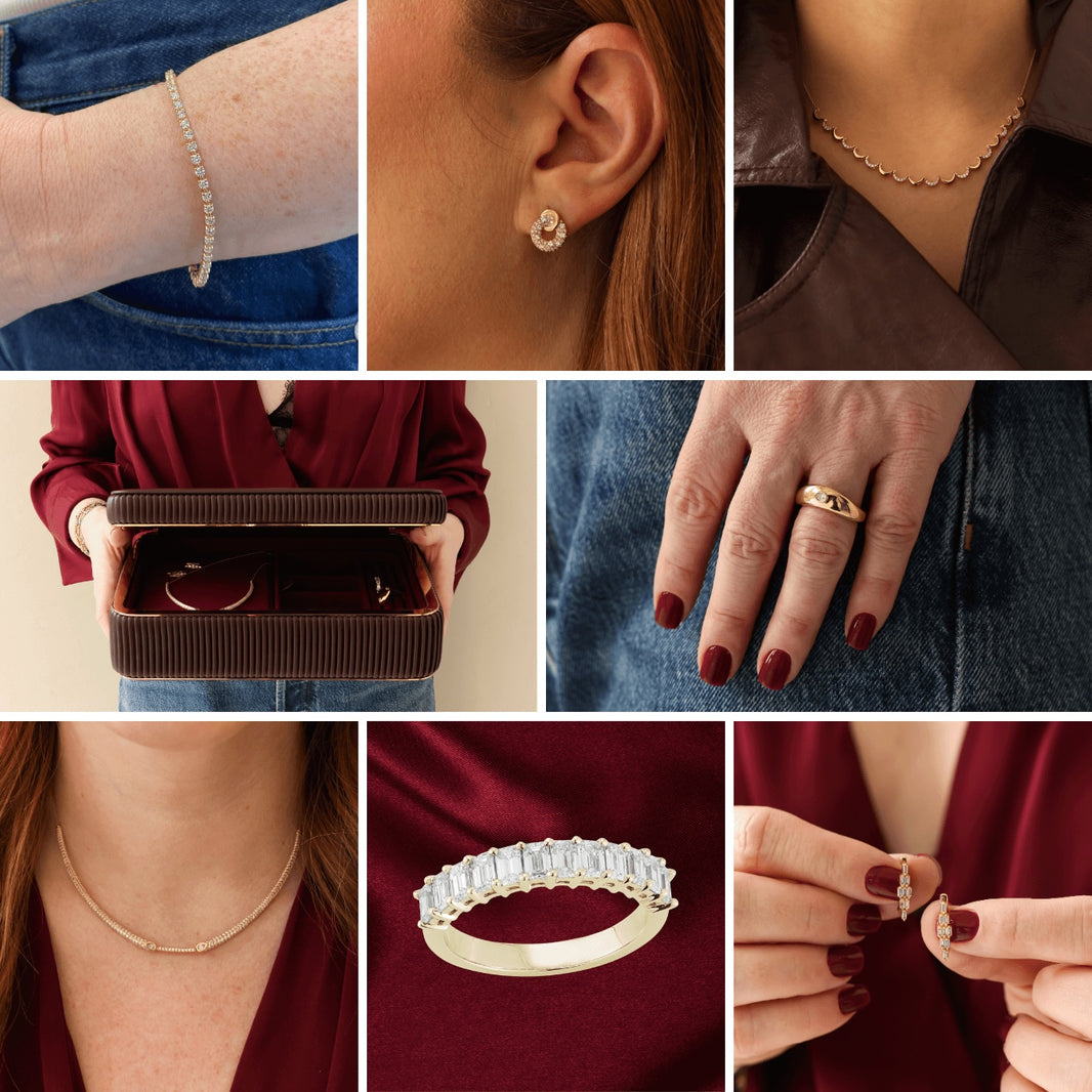 Collage of gold jewelry including earrings, bracelets, and rings with text on DRD 3.00 Ct. Three Prong Tennis Bracelet.