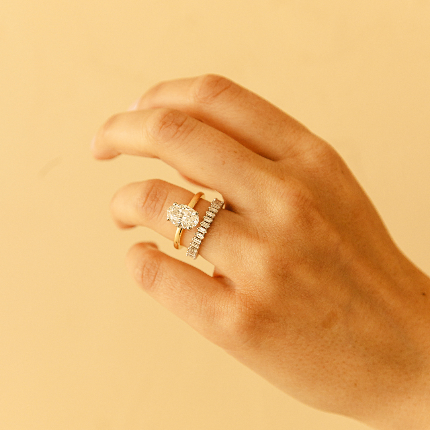 White Gold-5^Diamond Eternity Rings: Sadie Pearl Vertical Baguette Eternity Ring in White Gold