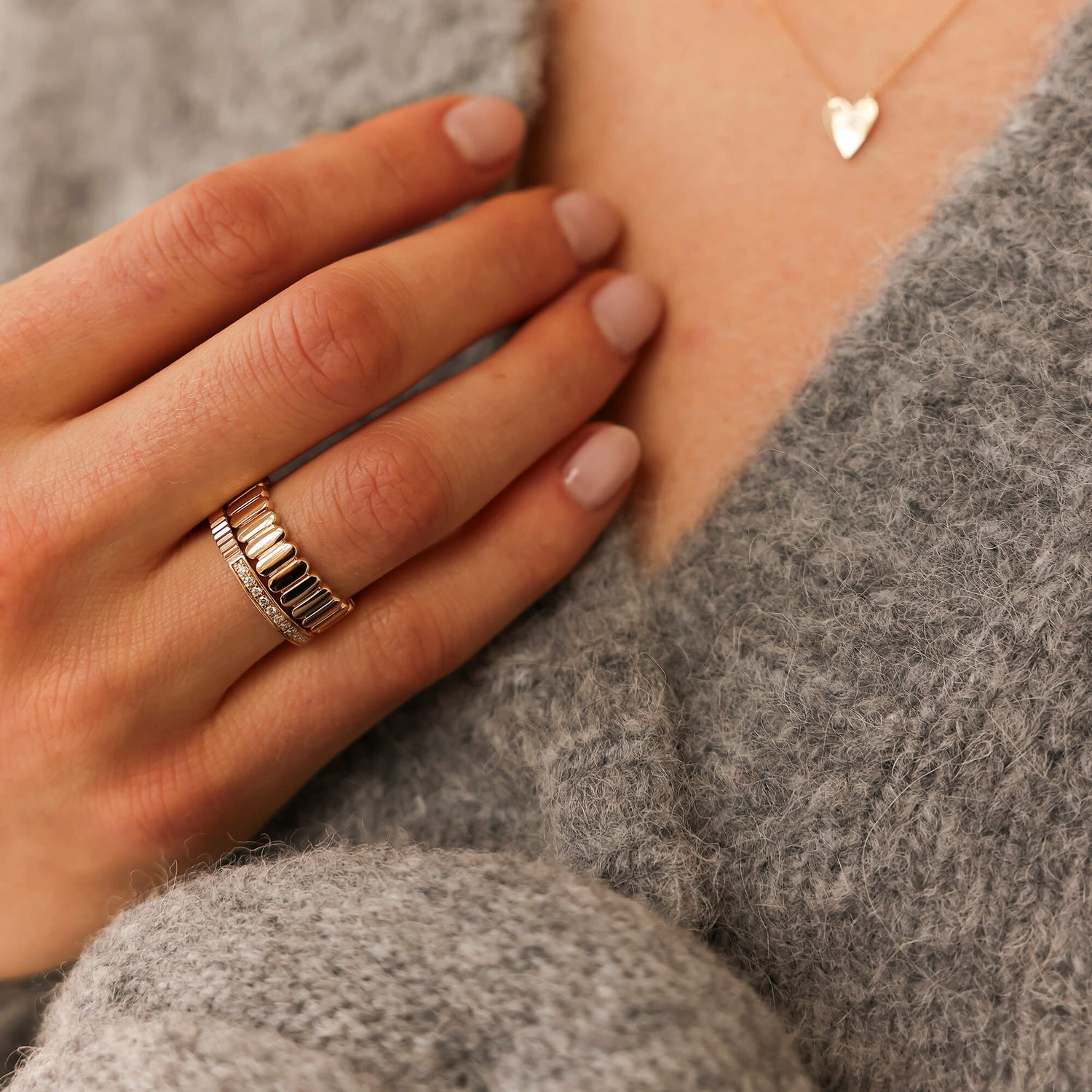 White Gold-2^Diamond Stacking Rings: Teddi Paige Half Fluted and Half Diamond Ring in White Gold