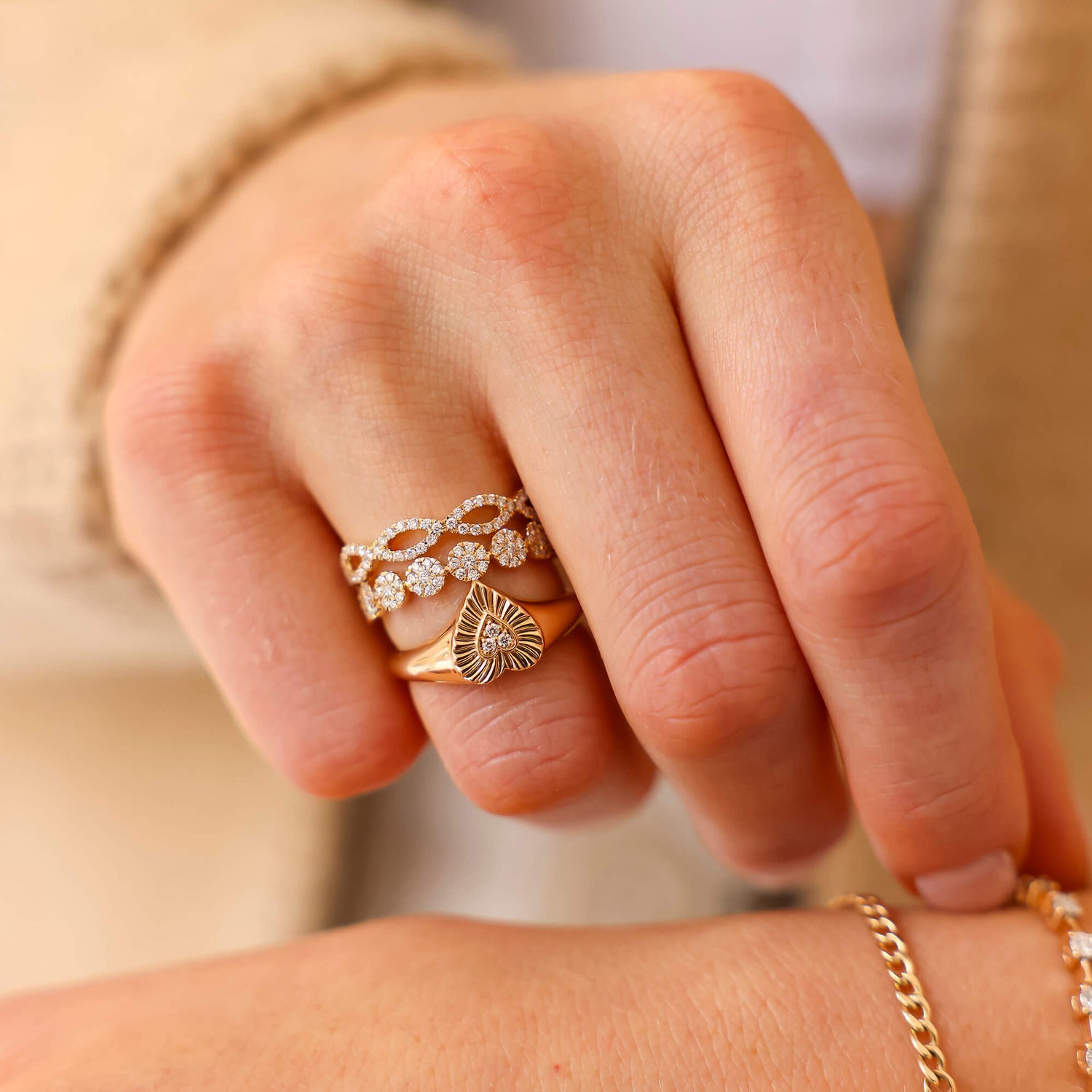 Rose Gold-3^Diamond Signet Rings: Zoe Louise Heart Ring in Rose Gold