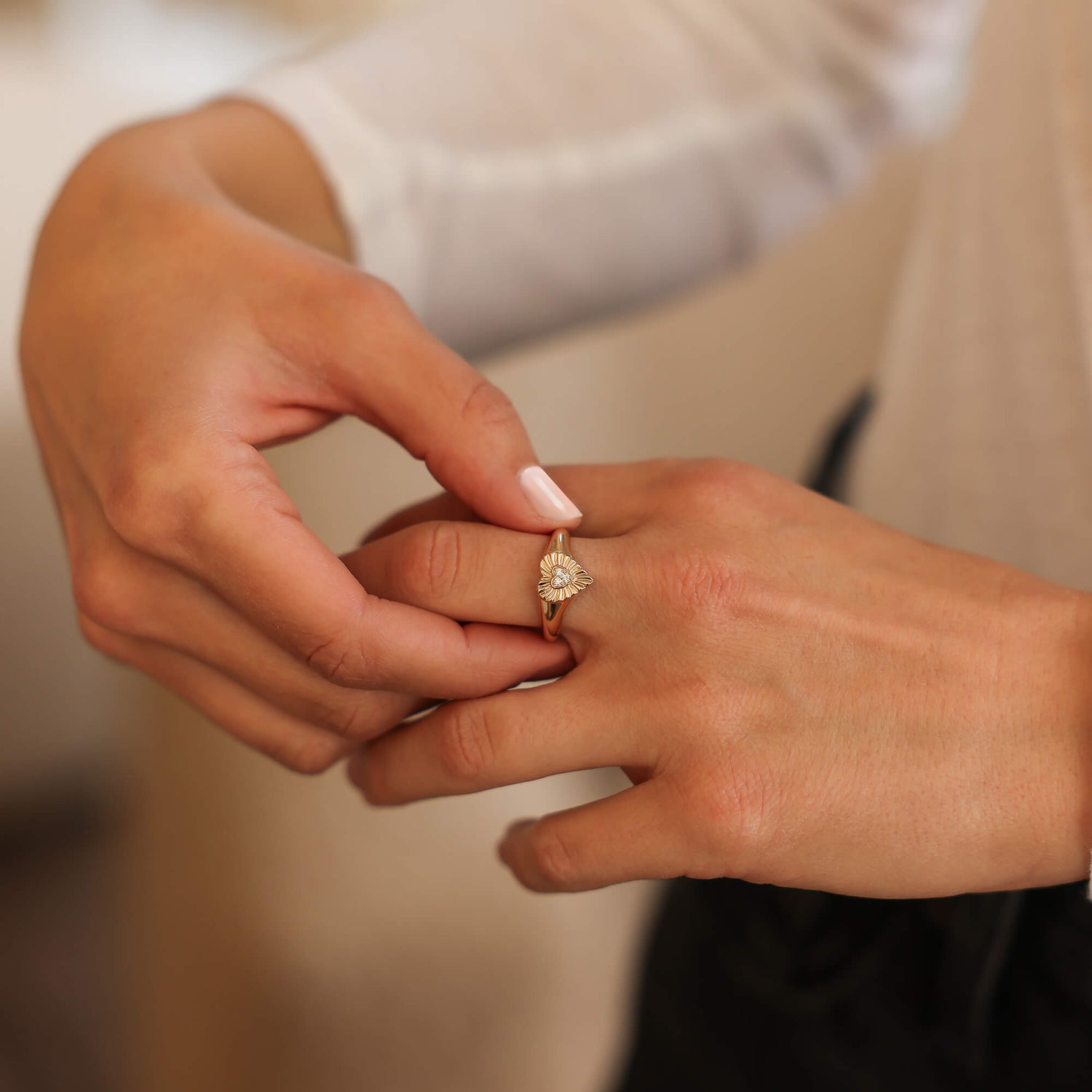 White Gold-2^Diamond Signet Rings: Zoe Louise Heart Ring in White Gold