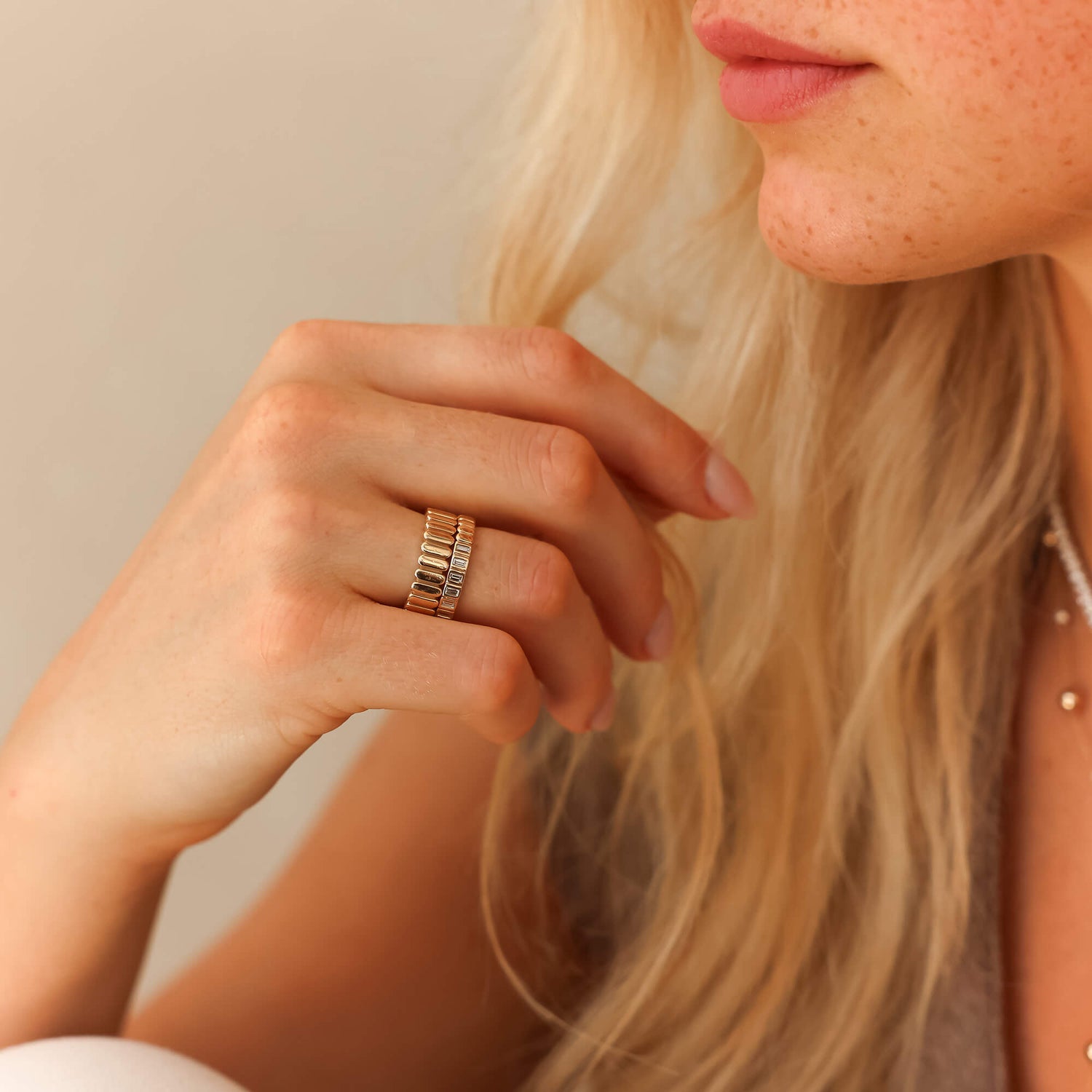 Yellow Gold-2^Diamond Stacking Rings: Melody Eden Bezel Baguette Ring in Yellow Gold