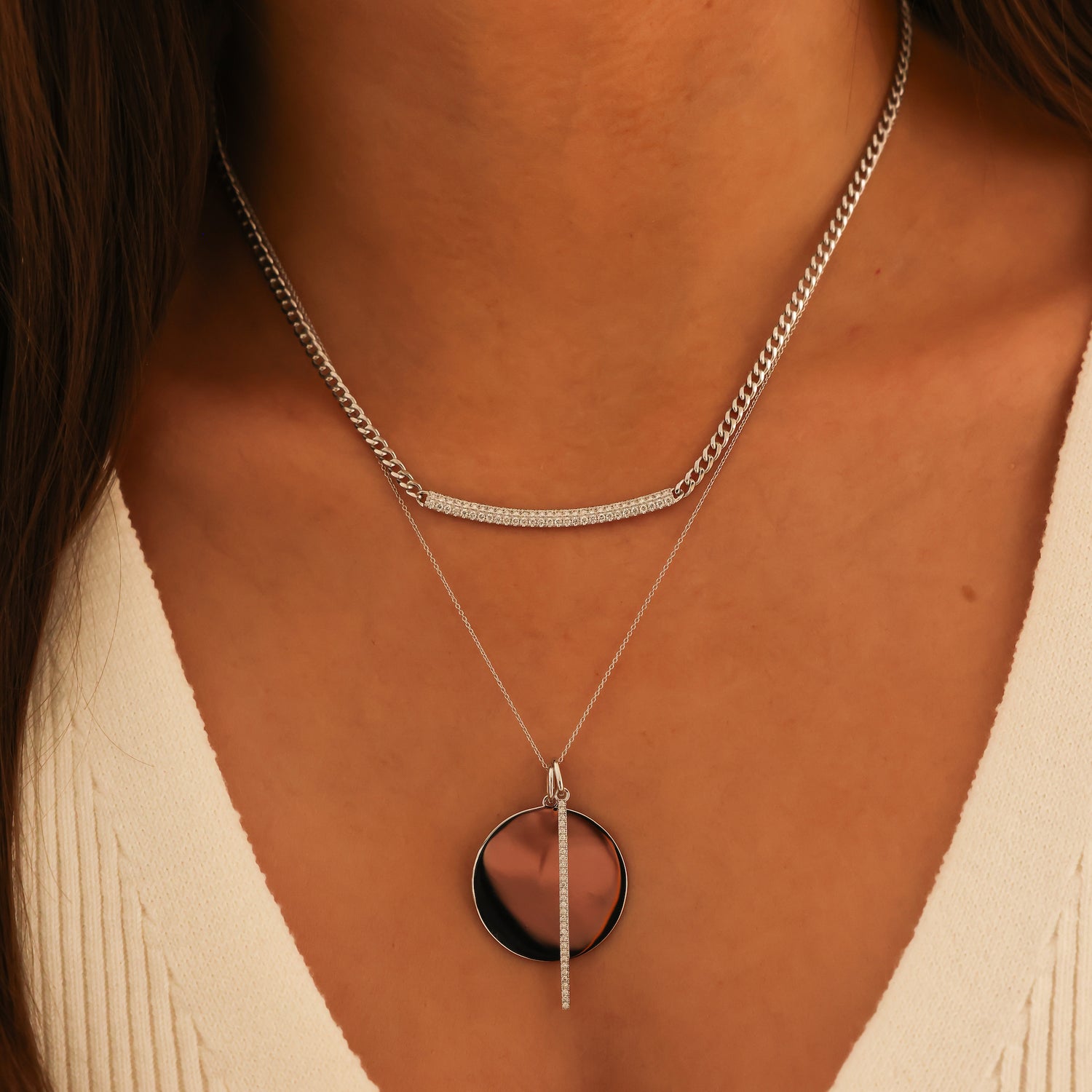 White Gold-4^Designer Diamond Necklaces: Sylvie Rose Cuban Chain Long Bar Necklace in White Gold