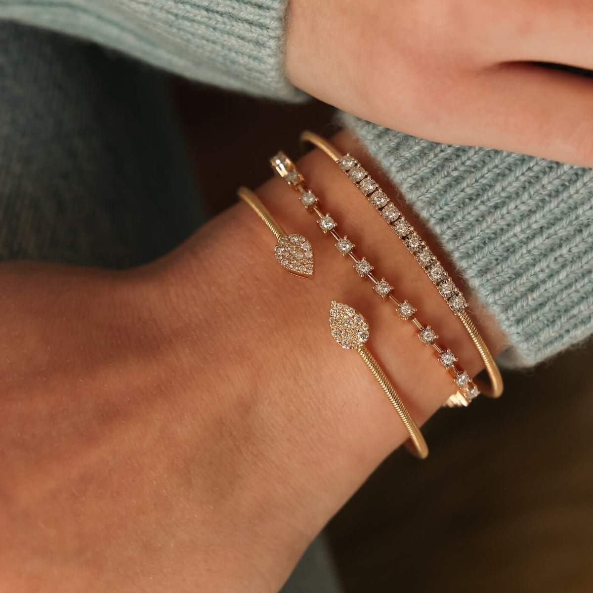 White Gold-2^Diamond Cuff Bracelets: Samantha Lynn Teardrop Flexi Cuff in White Gold