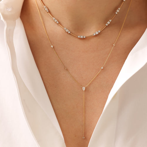 Yellow Gold-2^Designer Diamond Necklaces: Taylor Elaine Bezel and Pear Diamond Lariat Necklace in Yellow Gold