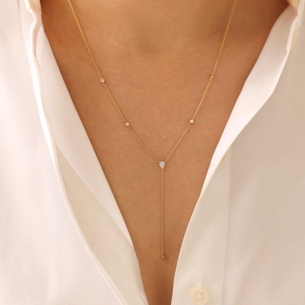 White Gold-3^Designer Diamond Necklaces: Taylor Elaine Bezel and Pear Diamond Lariat Necklace in White Gold