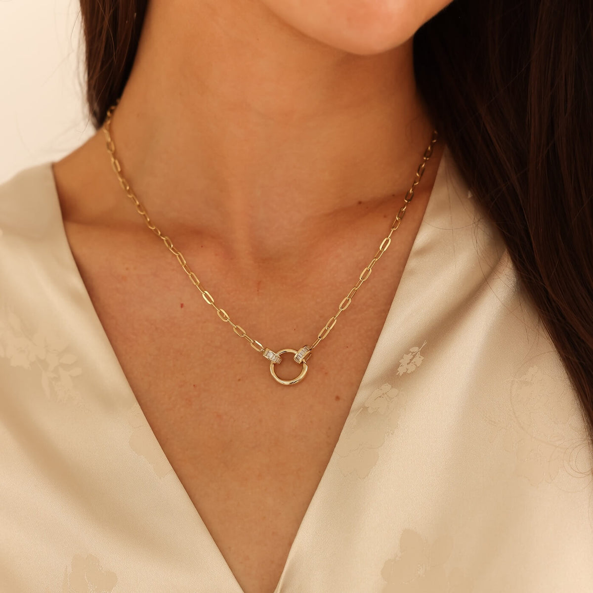 Yellow Gold-3^Diamond Pendant Necklaces: Sadie Pearl Baguette Paperclip Carabiner Necklace in Yellow Gold