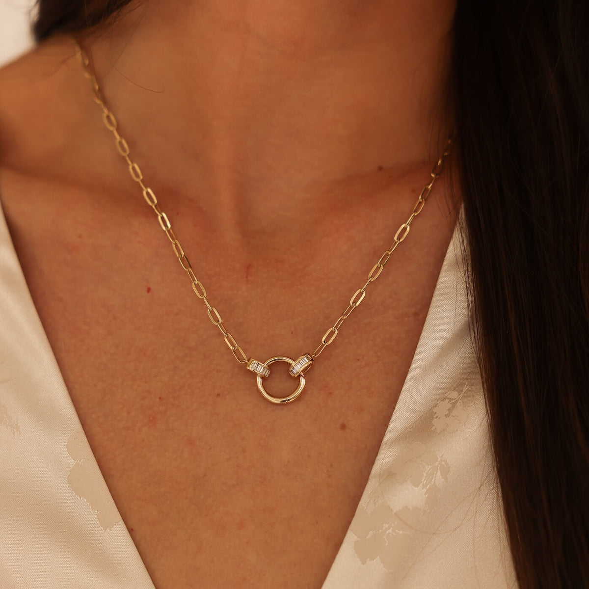 Yellow Gold-4^Diamond Pendant Necklaces: Sadie Pearl Baguette Paperclip Carabiner Necklace in Yellow Gold