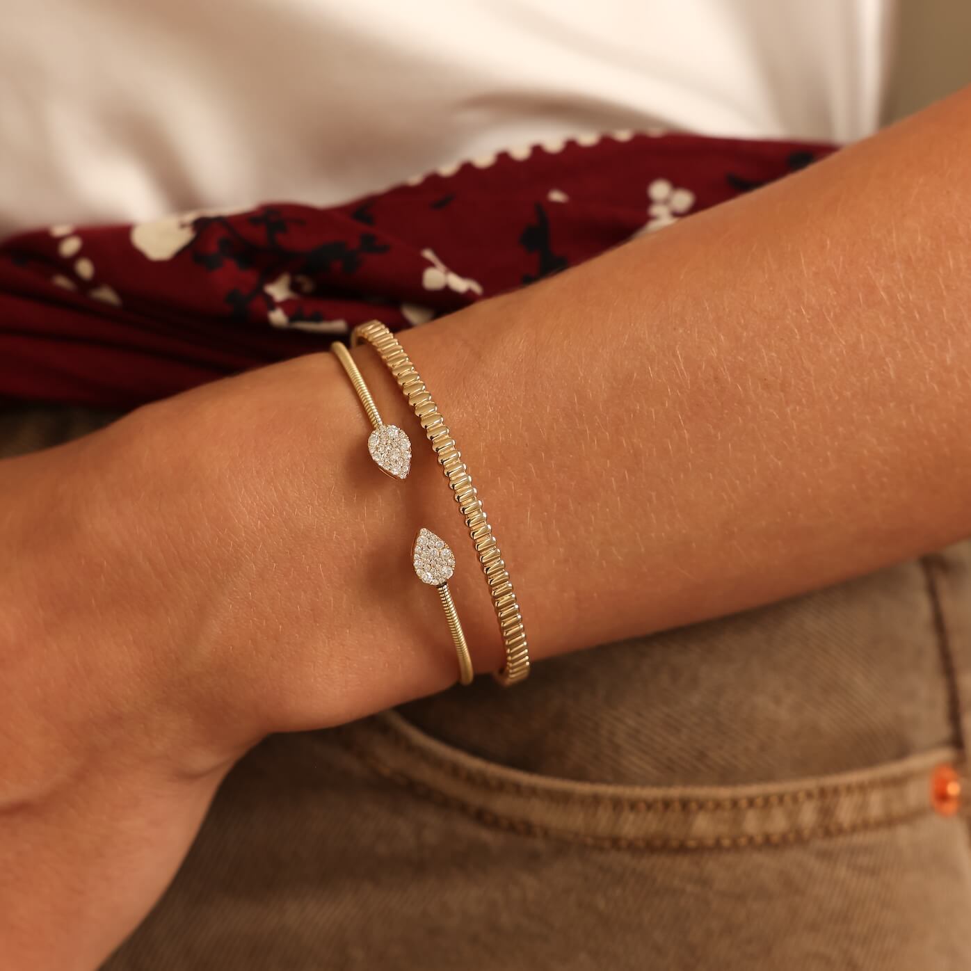 Yellow Gold-2^Diamond Cuff Bracelets: Samantha Lynn Teardrop Flexi Cuff in Yellow Gold