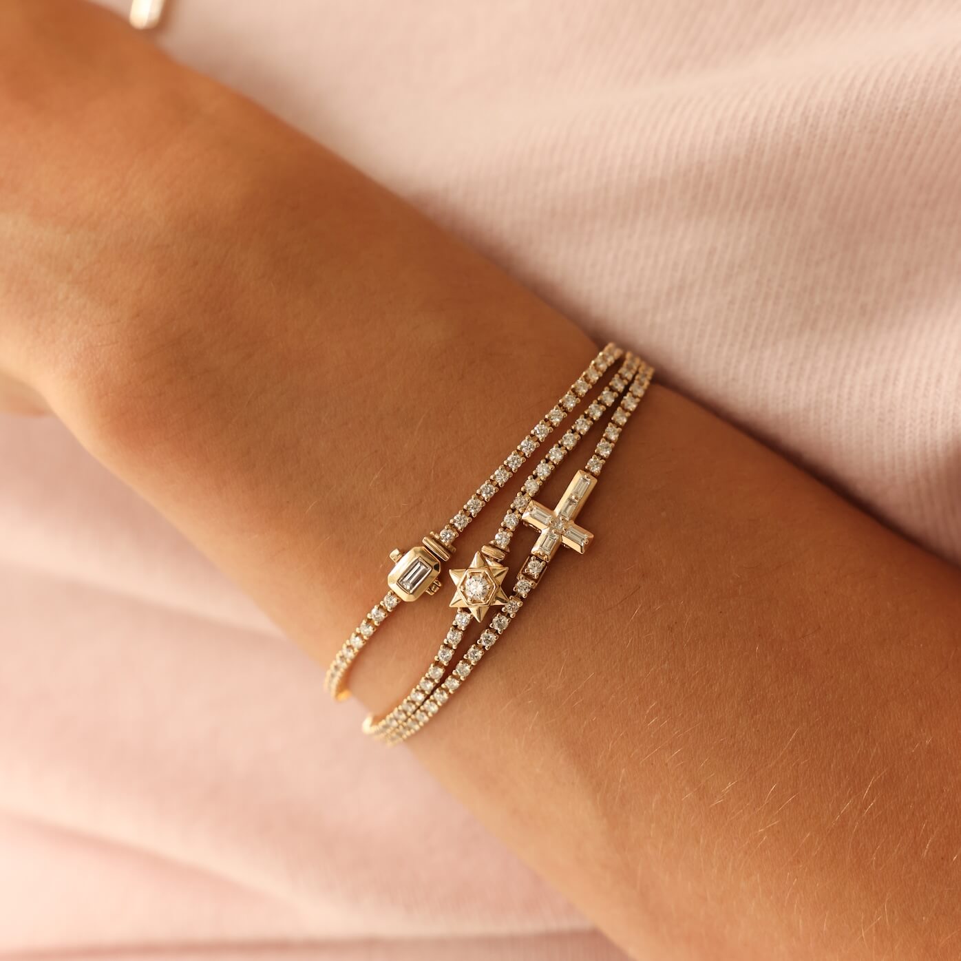 Yellow Gold-2^Diamond Tennis Bracelets DRD Cross Lock Tennis Bracelet in Yellow Gold