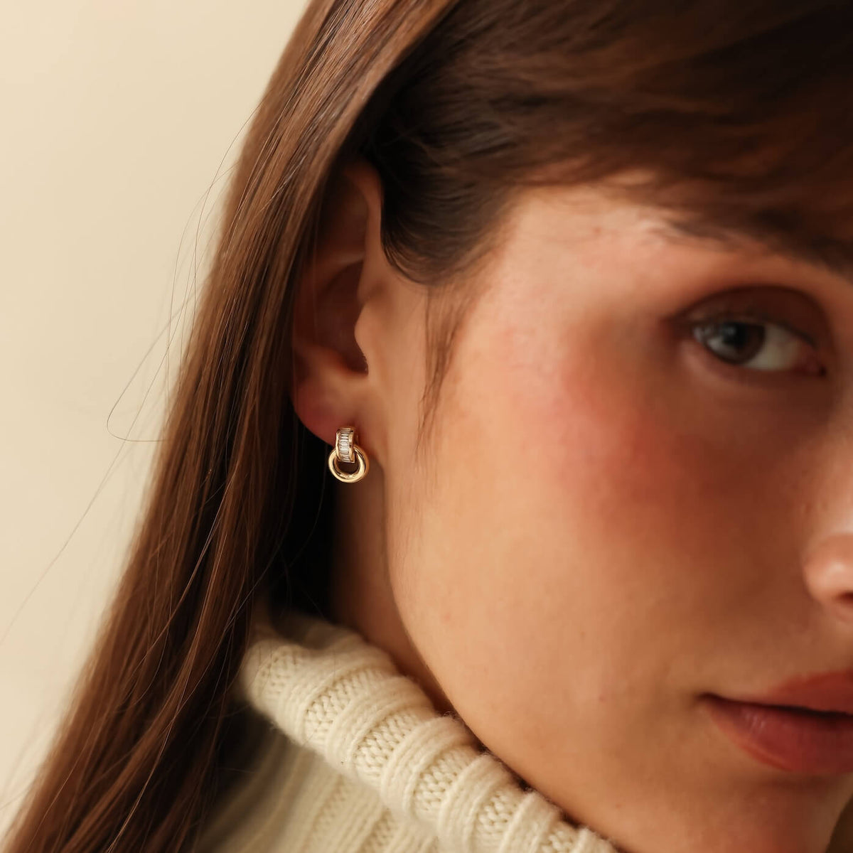 White Gold-2^Designer Stud Earrings: Sadie Pearl Baguette Interlocking Studs in White Gold