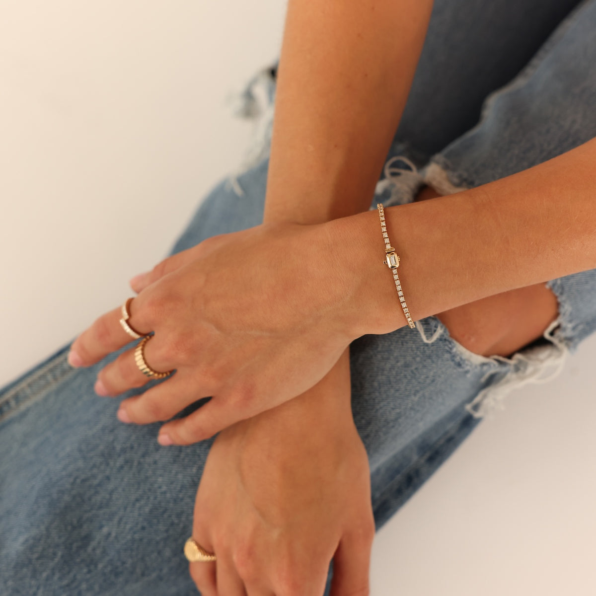 White Gold-2^Diamond Tennis Bracelets: DRD Baguette Lock Tennis Bracelet in White Gold