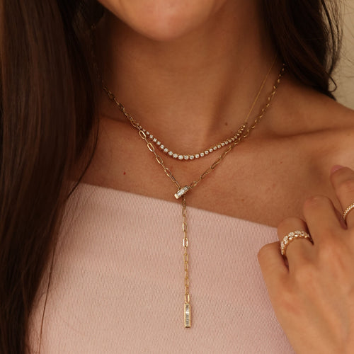 Yellow Gold-3^Designer Diamond Necklaces: Sadie Pearl Baguette Paperclip Lariat Necklace in Yellow Gold