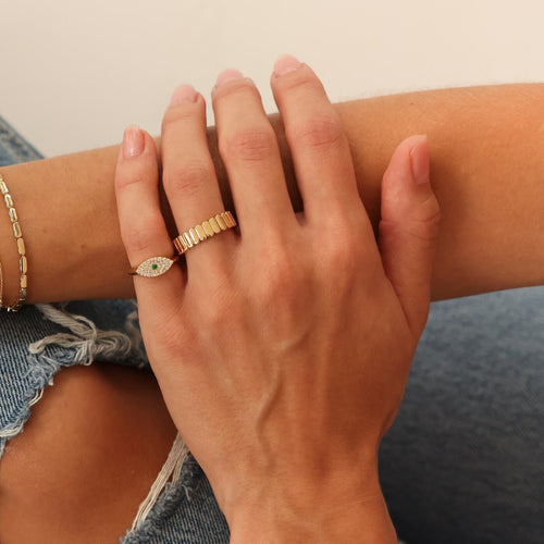 Yellow Gold-3^Diamond Signet Rings:  Carly Michelle Emerald Evil Eye Signet Ring in Yellow Gold