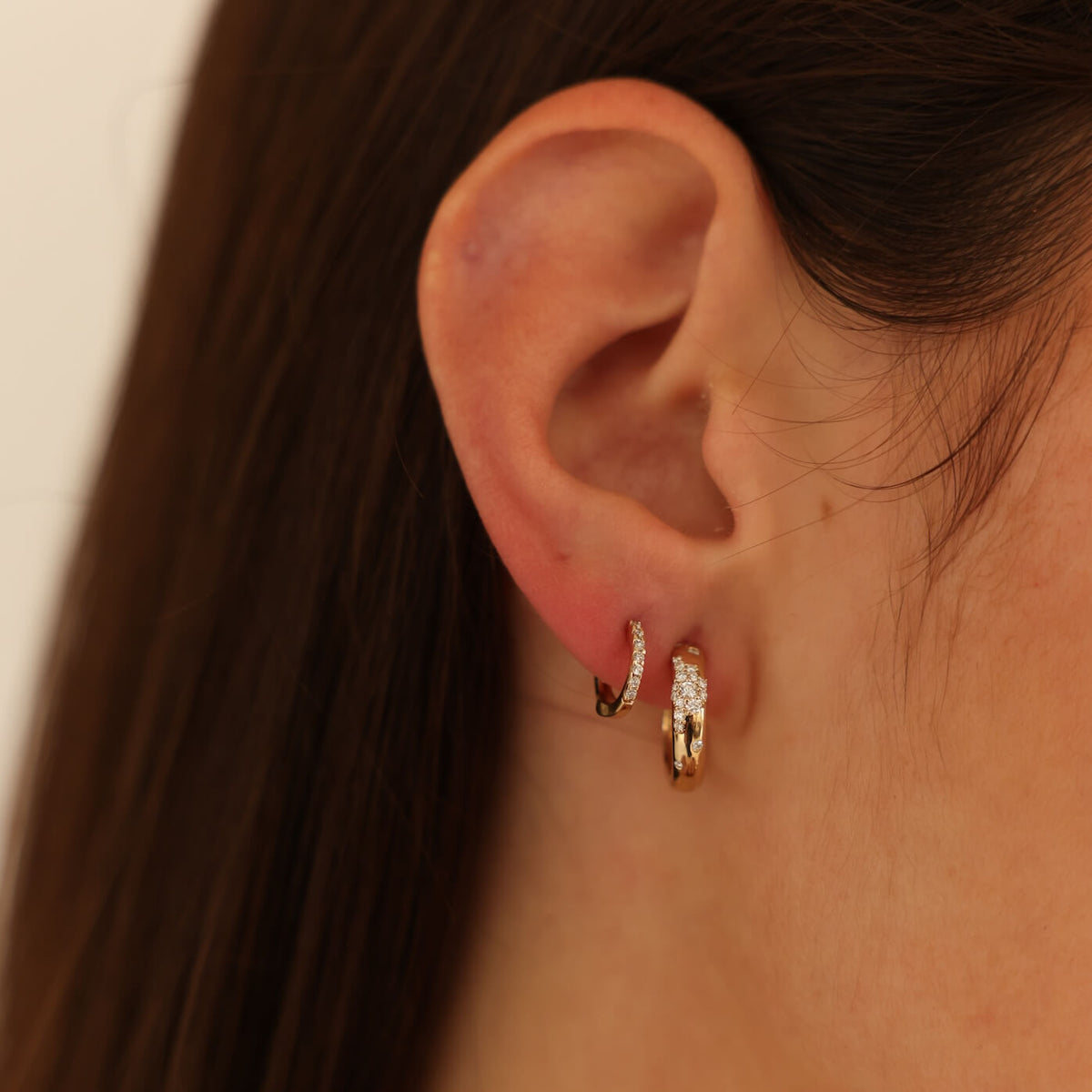Yellow Gold-2^Diamond Huggie Earrings: DRD Single Mini Huggie in Yellow Gold