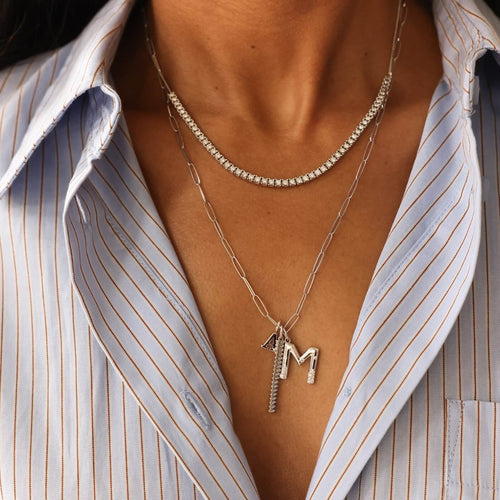 White Gold-4^Designer Diamond Necklaces: DRD Gold Initial Charm in White Gold