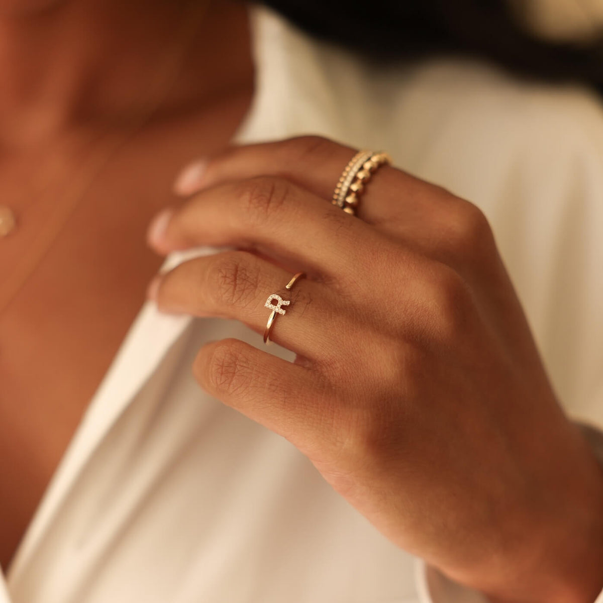 Yellow Gold-5^Diamond Initial Rings: DRD Single Initial Ring in Yellow Gold
