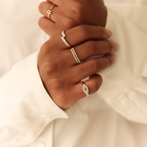 White Gold-5^Diamond Signet Rings:  Carly Michelle Emerald Evil Eye Signet Ring in White Gold