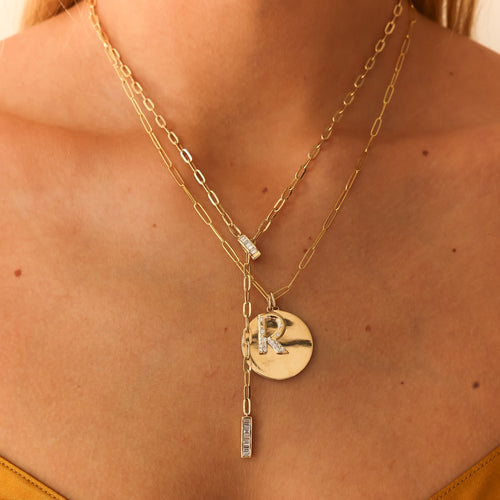 Yellow Gold-3^Designer Diamond Necklaces: Sadie Pearl Baguette Paperclip Lariat Necklace in Yellow Gold
