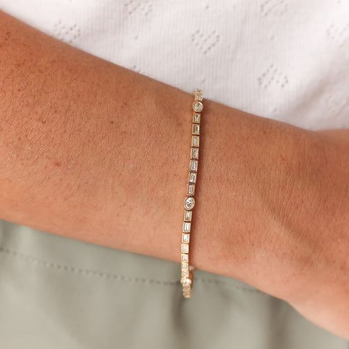 Yellow Gold-2^Diamond Tennis Bracelets: Sadie Pearl Bezel Baguette and Oval Tennis Bracelet in Yellow Gold