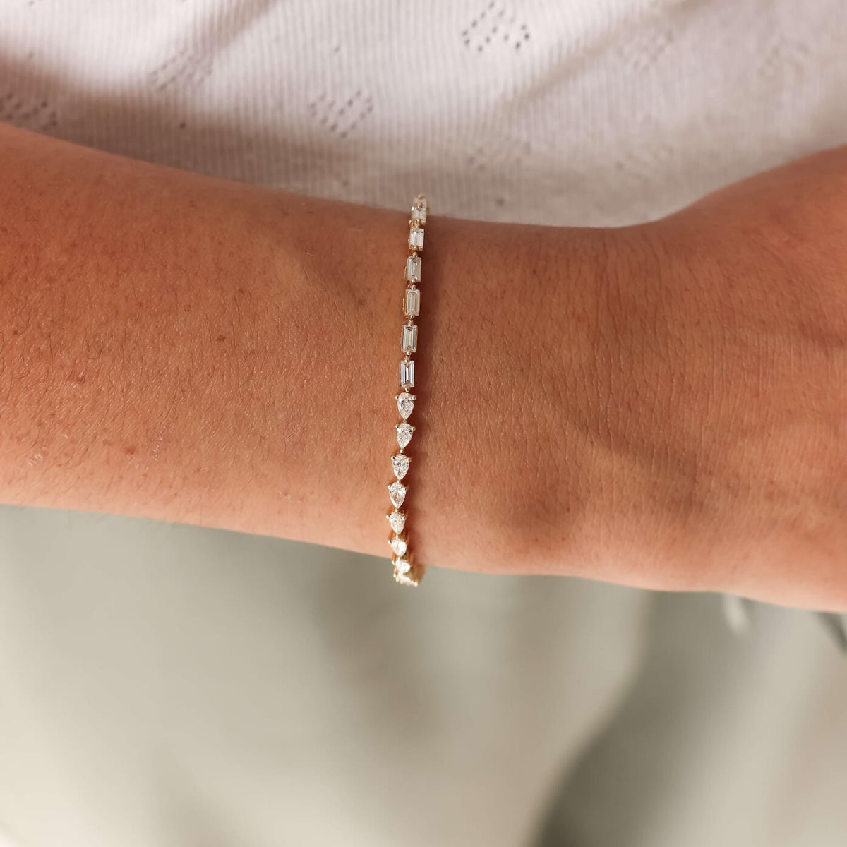 Yellow Gold-2^Diamond Tennis Bracelets: DRD Baguette and Pear Diamond Tennis Bracelet in Yellow Gold
