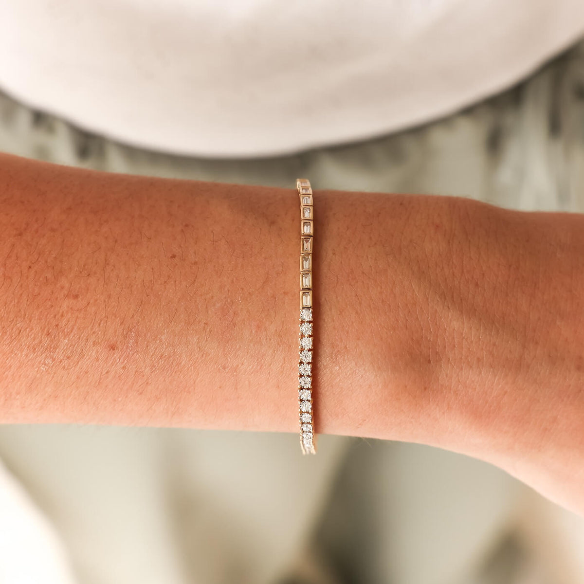 Yellow Gold-2^Diamond Tennis Bracelets: Sadie Pearl Bezel Baguette and Diamond Double Tennis Bracelet in Yellow Gold