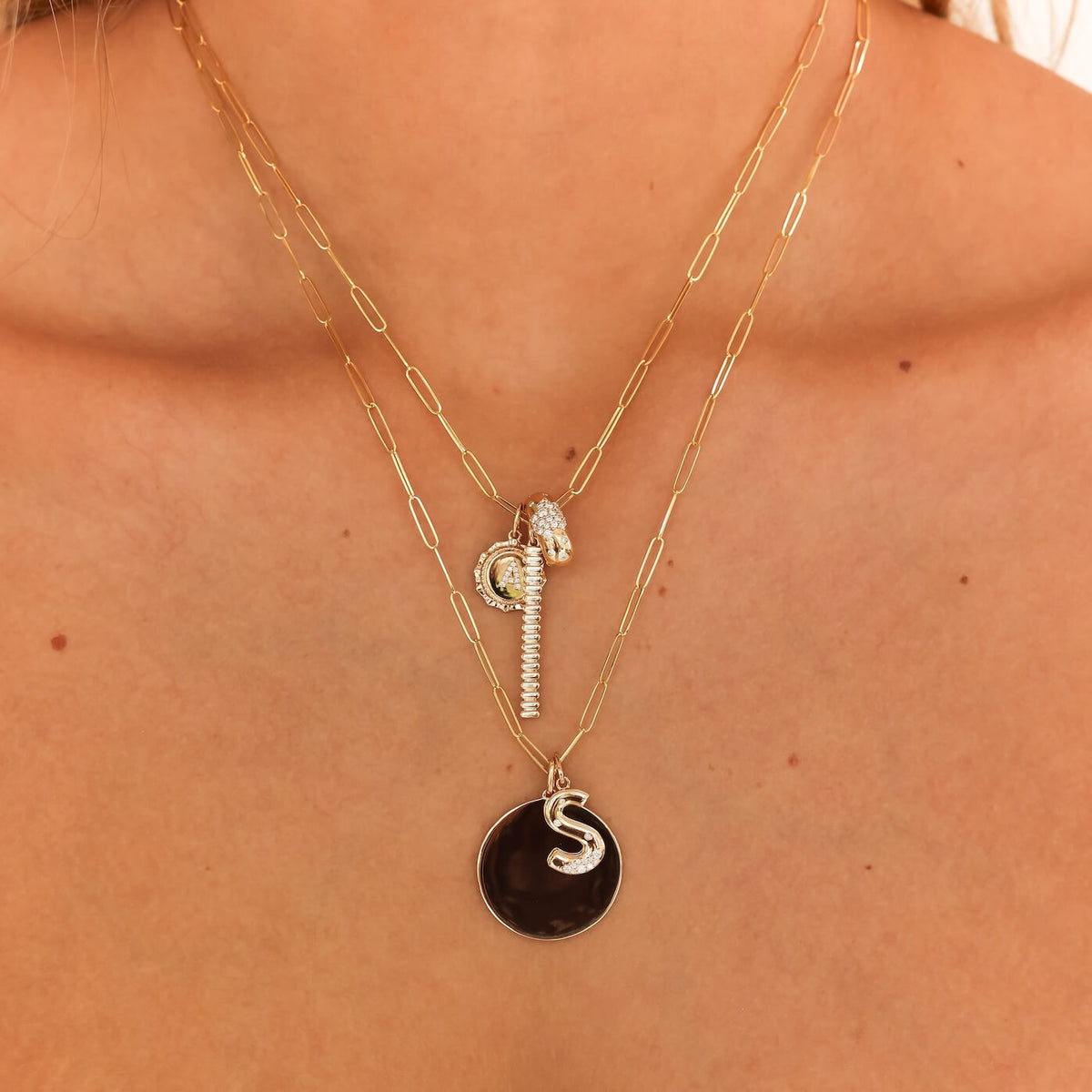 Rose Gold3^Designer Gold Necklaces: DRD Paperclip Disc Charm Necklace in Rose Gold
