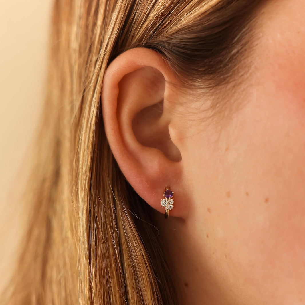 Yellow Gold-2^Diamond Huggie Earrings: DRD Birthstone Huggies - February In Yellow Gold