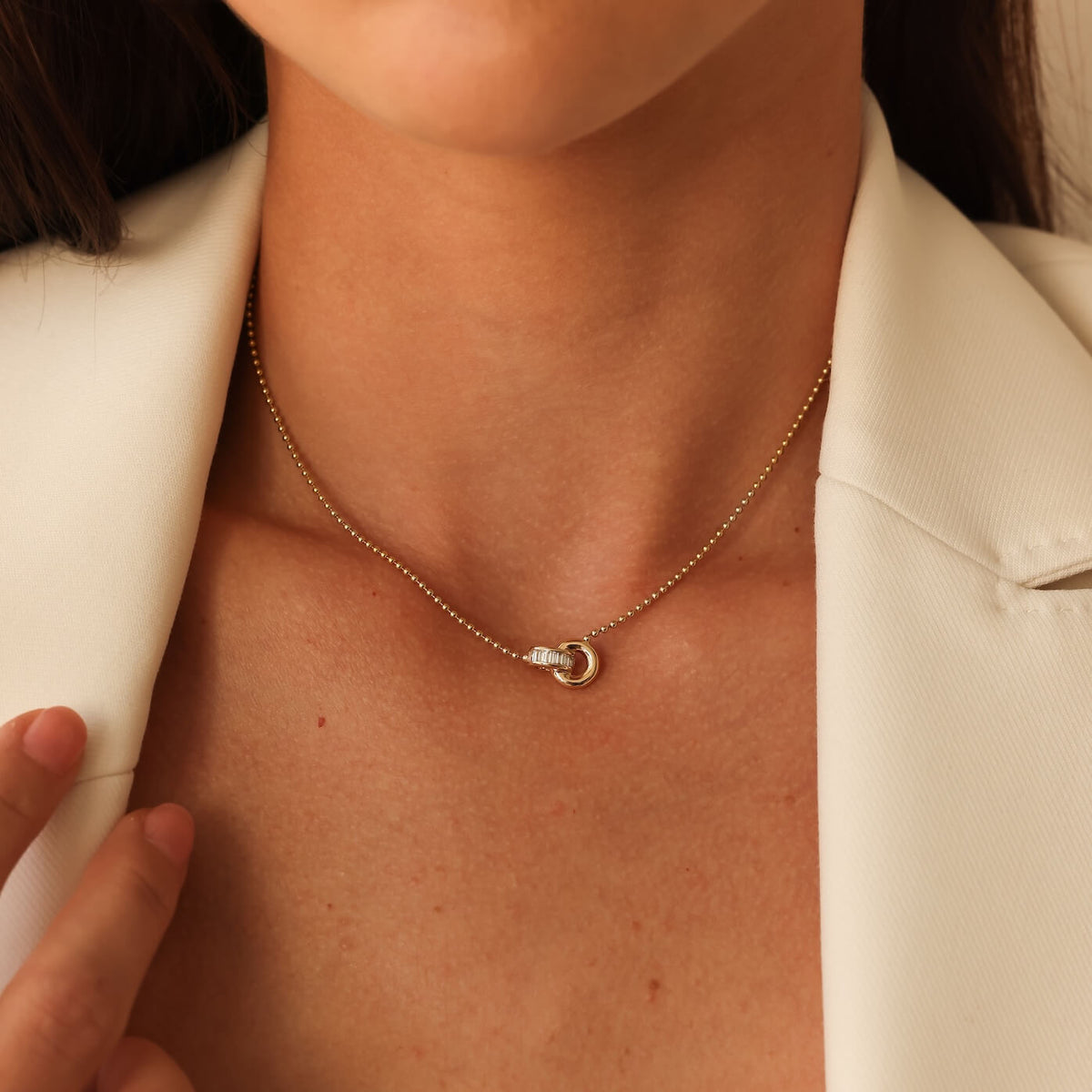 White Gold-2^Diamond Designer Necklaces: Sadie Pearl Channel Set Interlocking Ring Necklace in White Gold