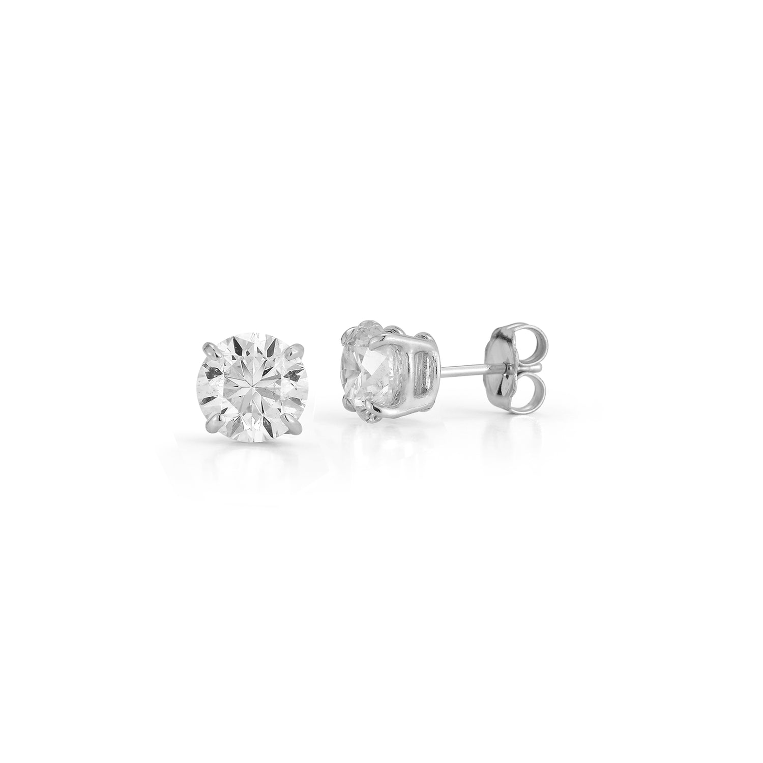White Gold-1^Diamond Stud Earrings - DRD Diamond Solitaire Studs 3.00 Ct. Total Weight in White Gold. Four Prong Setting
