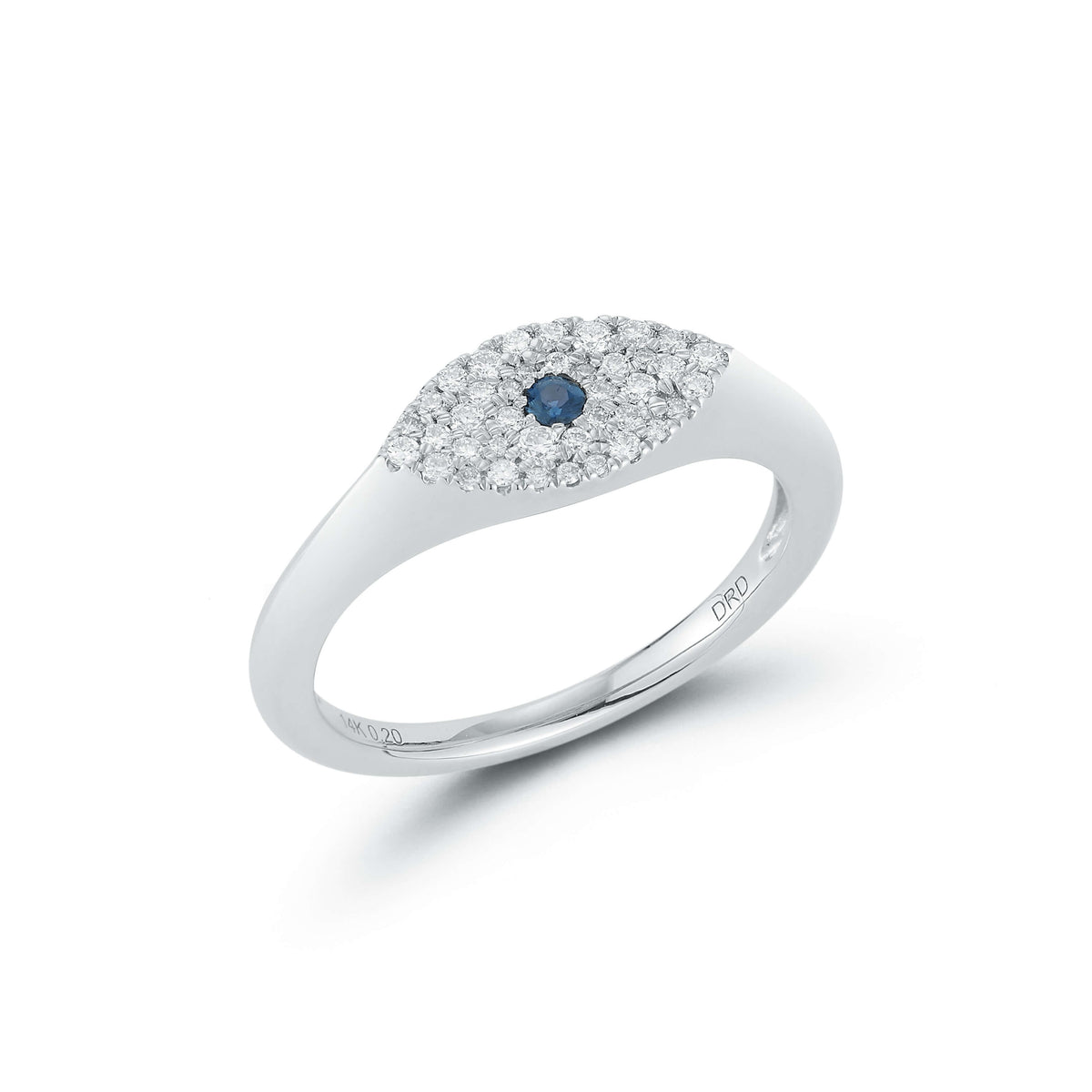 White Gold-1^Diamond Signet Rings:  Carly Michelle Blue Sapphire Evil Eye Signet Ring in White Gold