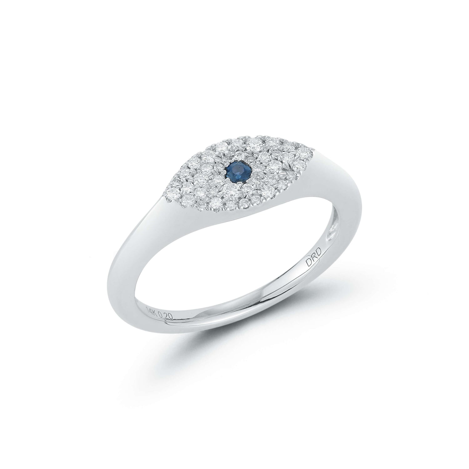 White Gold-1^Diamond Signet Rings:  Carly Michelle Blue Sapphire Evil Eye Signet Ring in White Gold