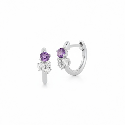 White Gold-1^Diamond Huggie Earrings: DRD Birthstone Huggies - February In White Gold