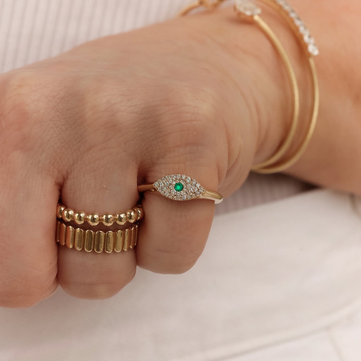 White Gold-2^Diamond Signet Rings:  Carly Michelle Emerald Evil Eye Signet Ring in White Gold