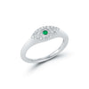 White Gold-1^Diamond Signet Rings:  Carly Michelle Emerald Evil Eye Signet Ring in White Gold