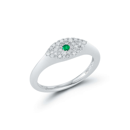 White Gold-1^Diamond Signet Rings:  Carly Michelle Emerald Evil Eye Signet Ring in White Gold