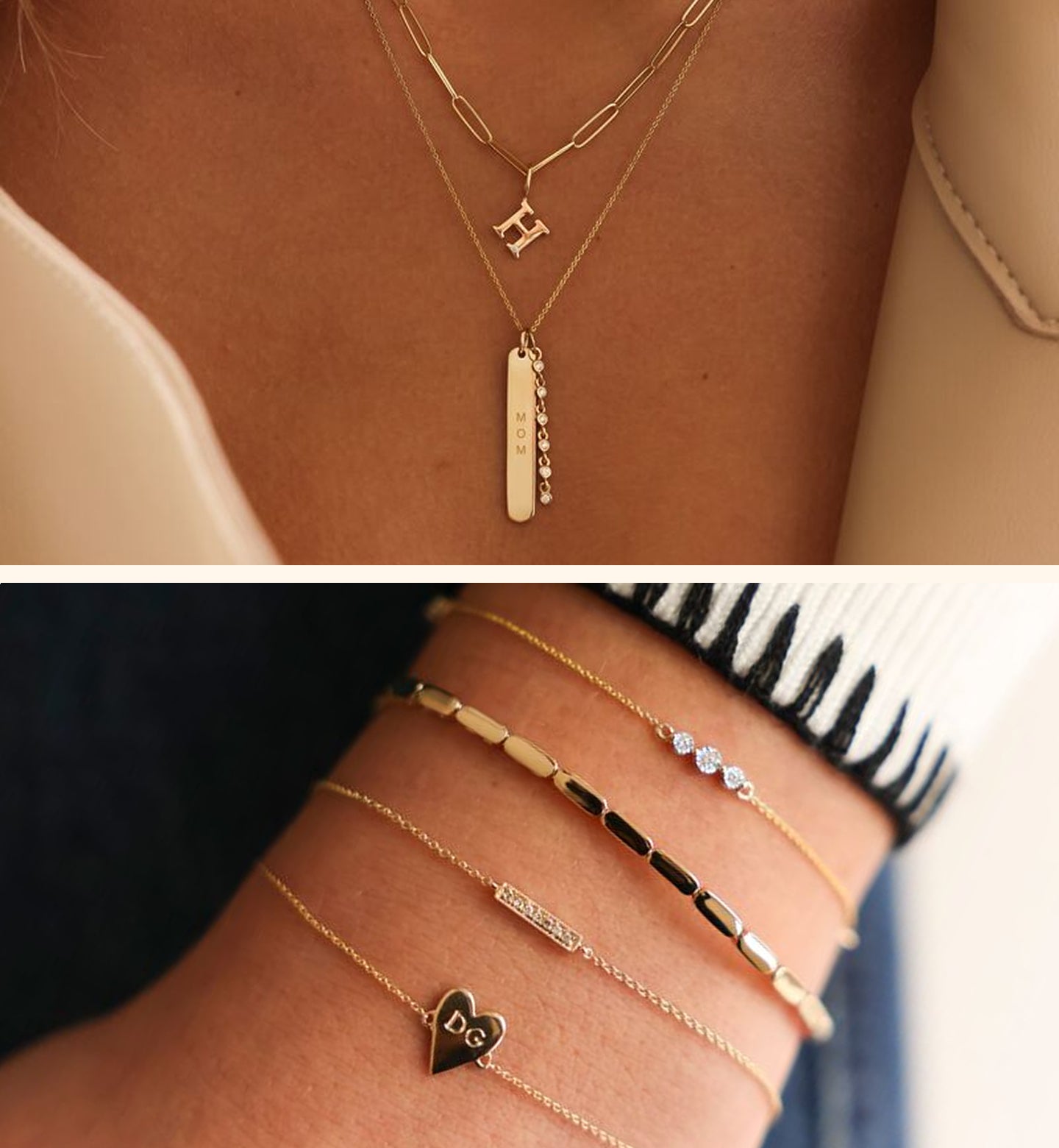 Gold necklaces and bracelets on a person's wrist and chest.
